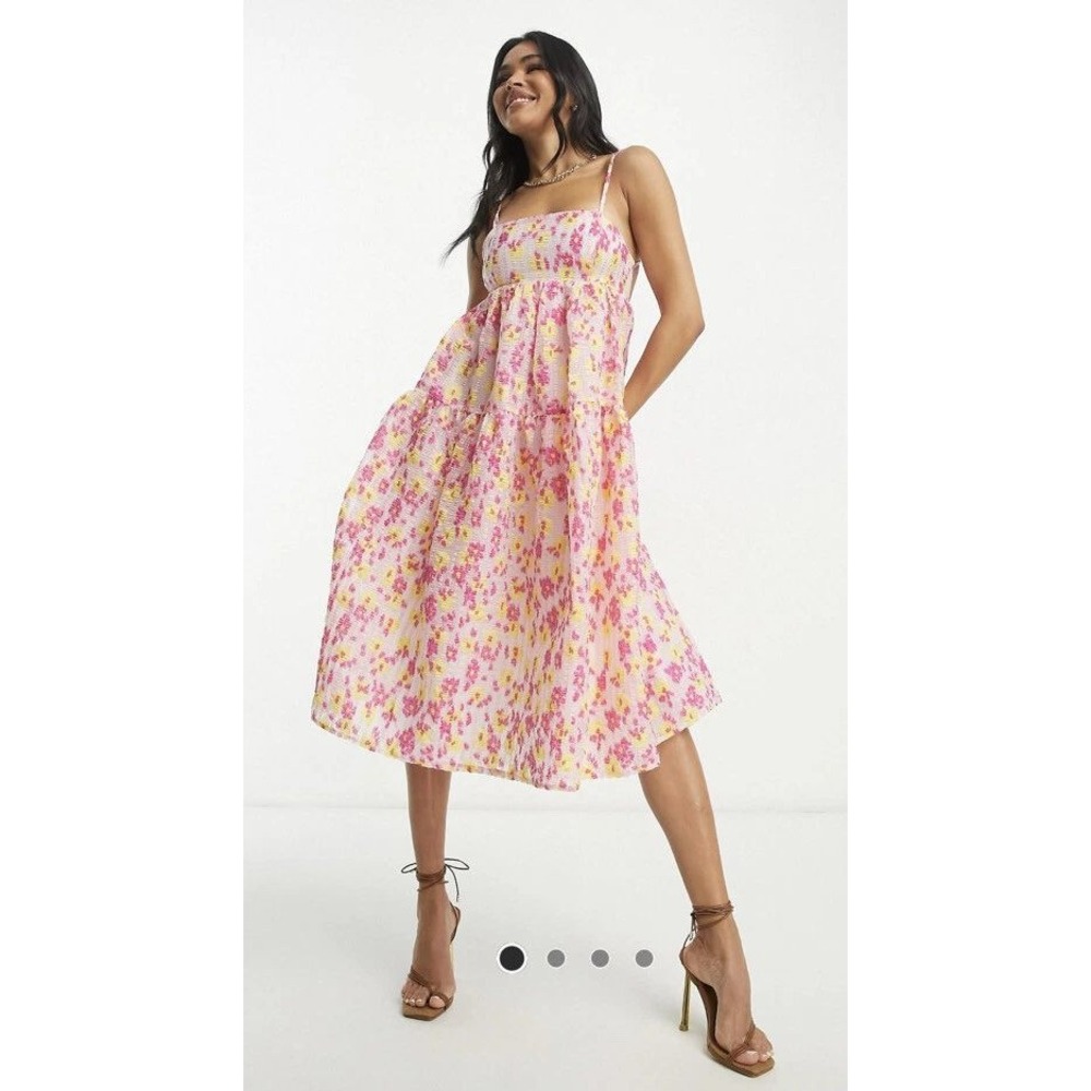 ASOS NWT Collective Pink Yellow Floral Babydoll Smocked Tiered Midi Dress 12